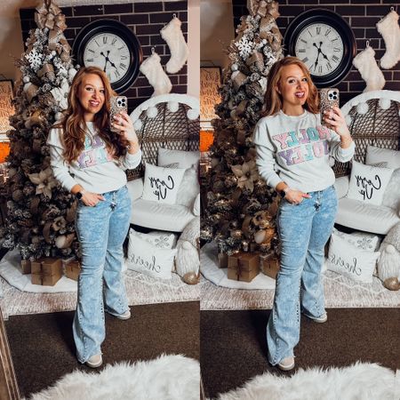 Holly Jolly letterpatch sweatshirt from Pink Lily in size small 

Fun flarr bell bottom jeans in size 28, but I need a 27

Cute non traditional holiday outfit !

Code: november20 

#LTKSeasonal #LTKHoliday #LTKstyletip