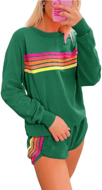 Muineobuka Womens Rainbow Striped 2 Piece Lounge Sets Casual Striped Color-Blocked Sweatshirt and... | Amazon (US)