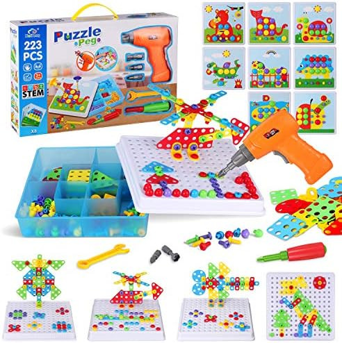 223 Piece Creative Mosaic Drill Puzzle Kit, Electric Drill and Screwdriver Tool Set Toy, STEM Eng... | Amazon (US)