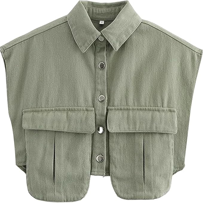 Denim Vest Women Button Down Polo Neck Cropped Loose Sleeveless Shirt Top Jean Jacket Coat with P... | Amazon (US)