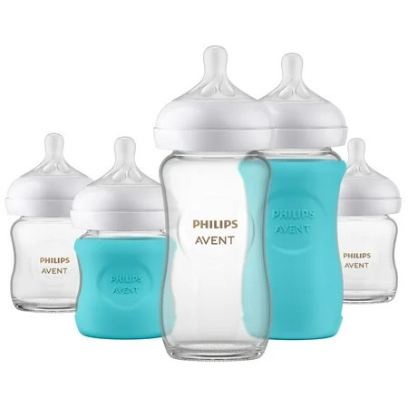 Philips Avent Natural Newborn Glass Gift Set, Baby Bottles with Natural Response Nipples, 3X 4oz (Slow Flow, Flow 2) and 2X 8oz (Medium Flow, Flow 3), 2X Silicone Sleeves, SCD858/01 | Walmart (US)