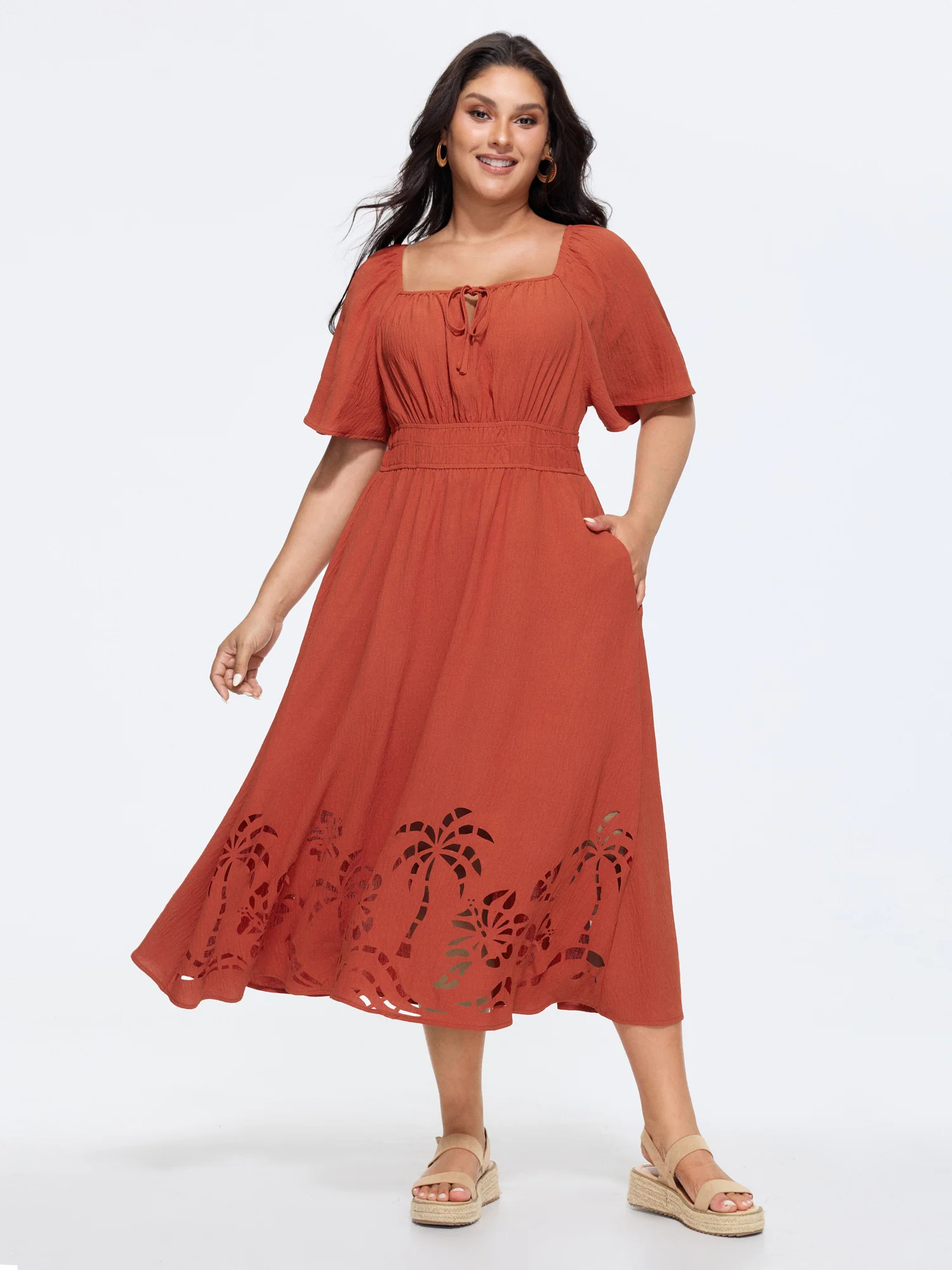 Tropical Laser Cut Hem Drawstring Midi Dress | Bloomchic