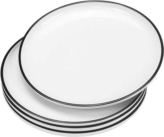 Hoxierence 10 Inch Ceramic Dinner Plates, Classic White Round Porcelain Serving Dishes with Black... | Amazon (US)