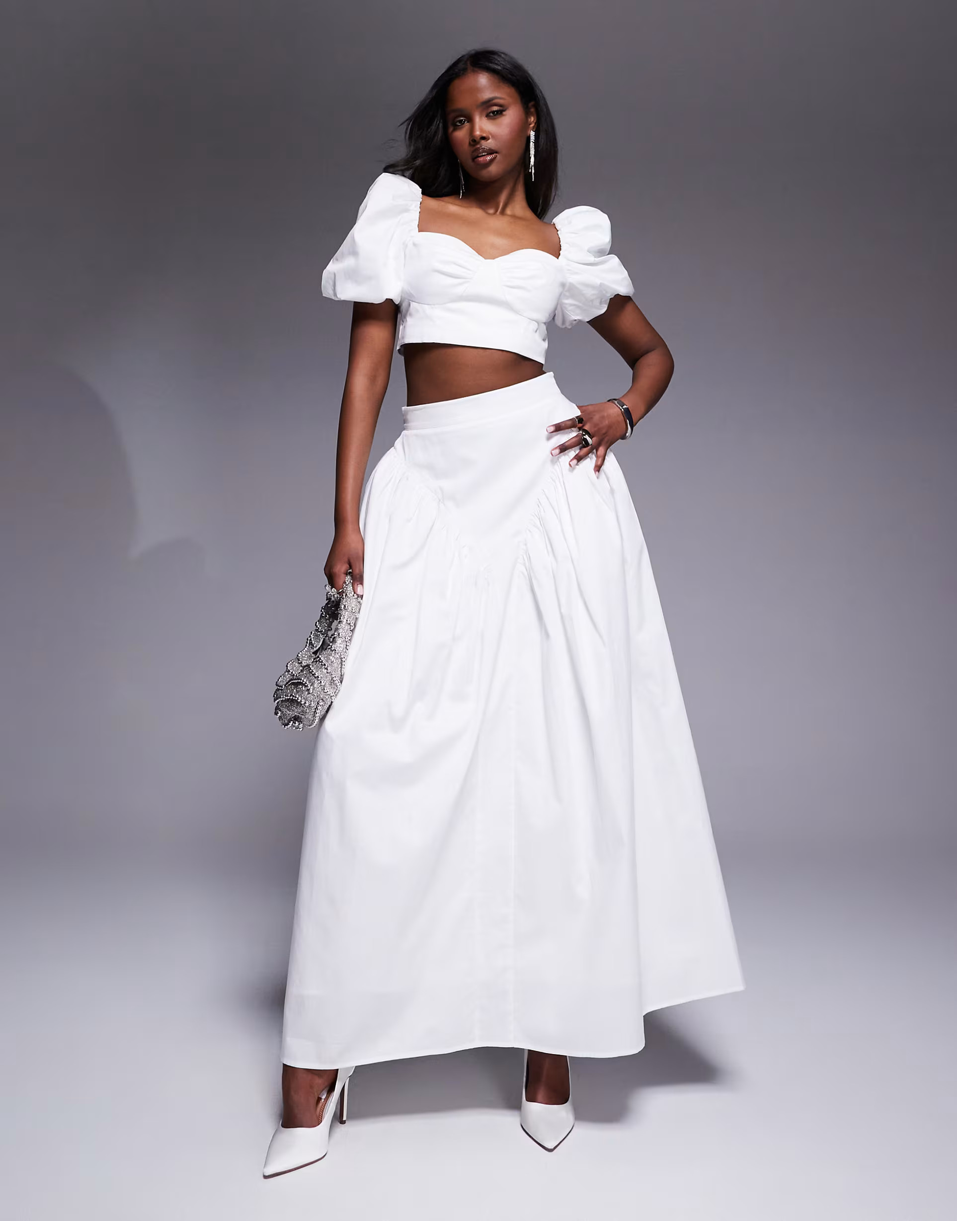 ASOS LUXE cotton sateen exaggerated maxi skirt with bow back in white - part of a set | ASOS (Global)