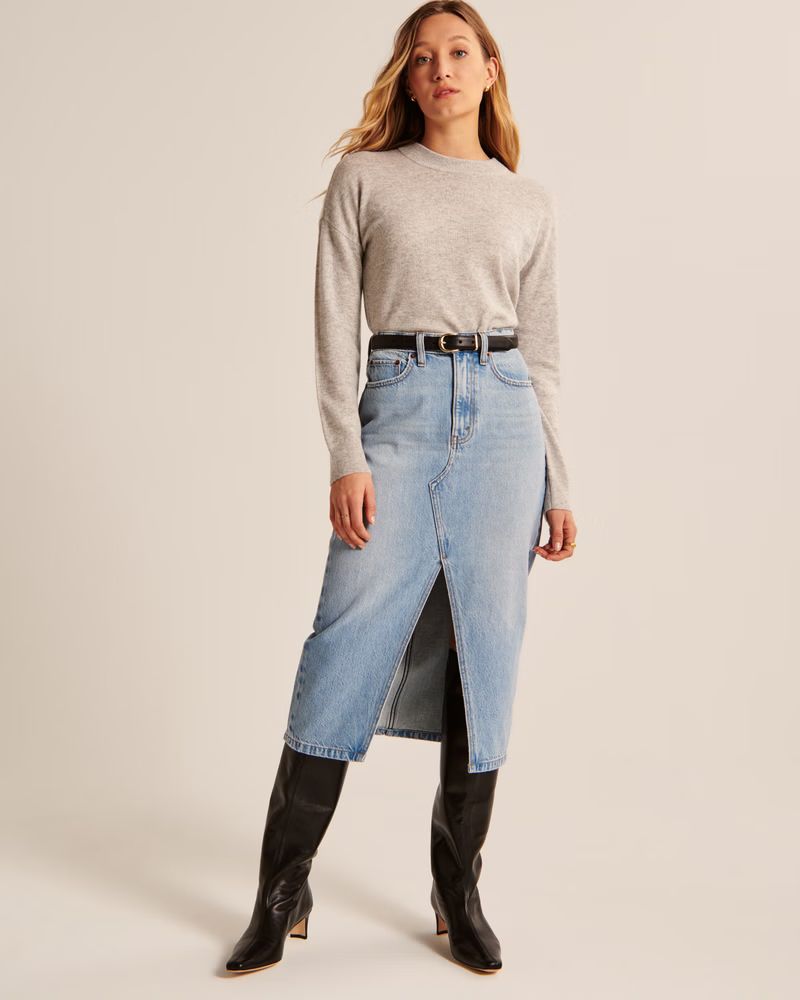 Mid Rise Denim Midi Skirt | Abercrombie & Fitch (US)