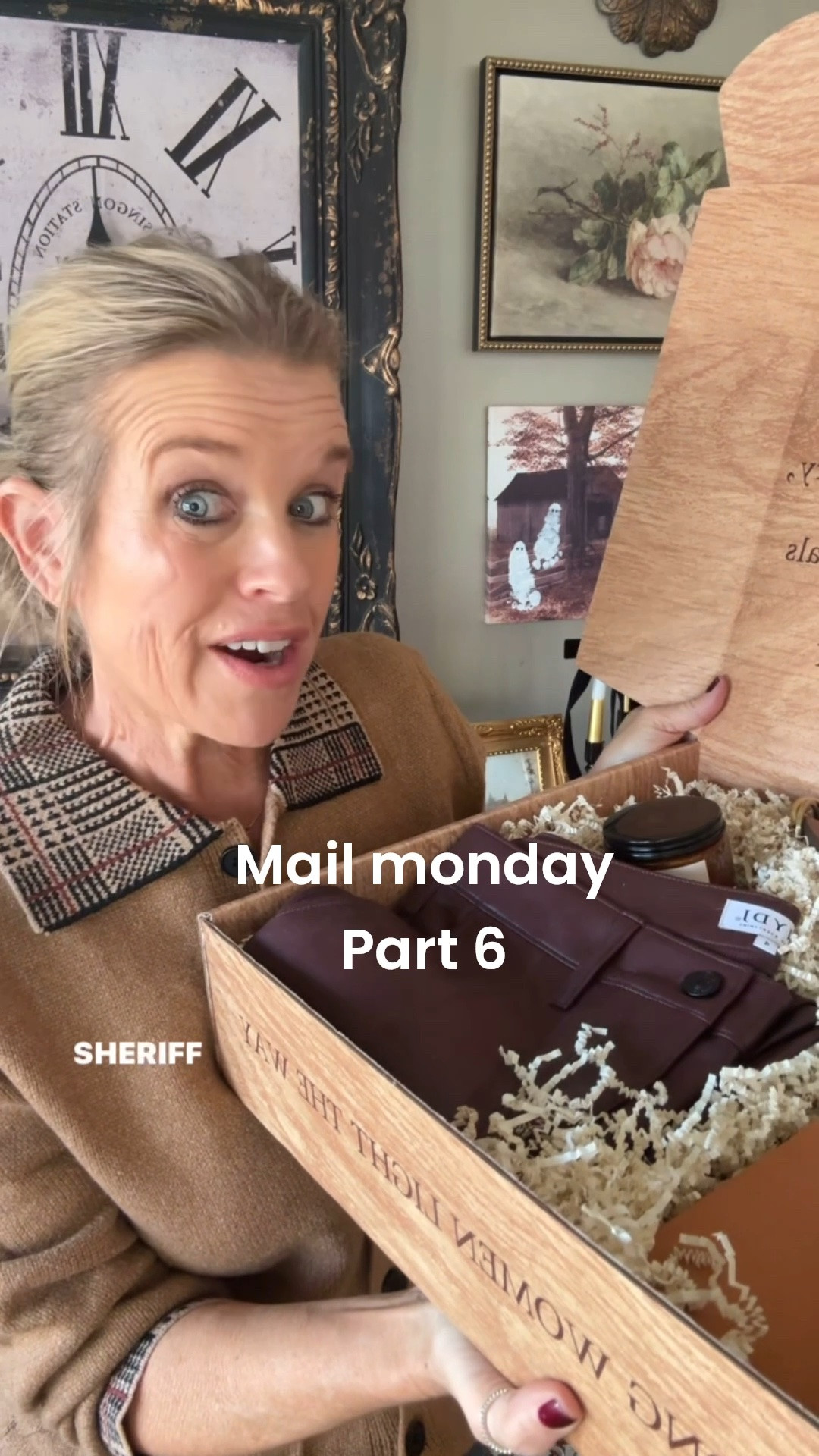 Mail Monday 
Story part 6

This one is a fun collaboration with NYDJ and sheriff & Fire country 
Airing this Friday, October 9th

Wearing Amazon find.. plaid collar cardigan, such great quality and on sale.

Nydj- faux leather wide leg pants tts
In color wine, comes in 3 colors tts