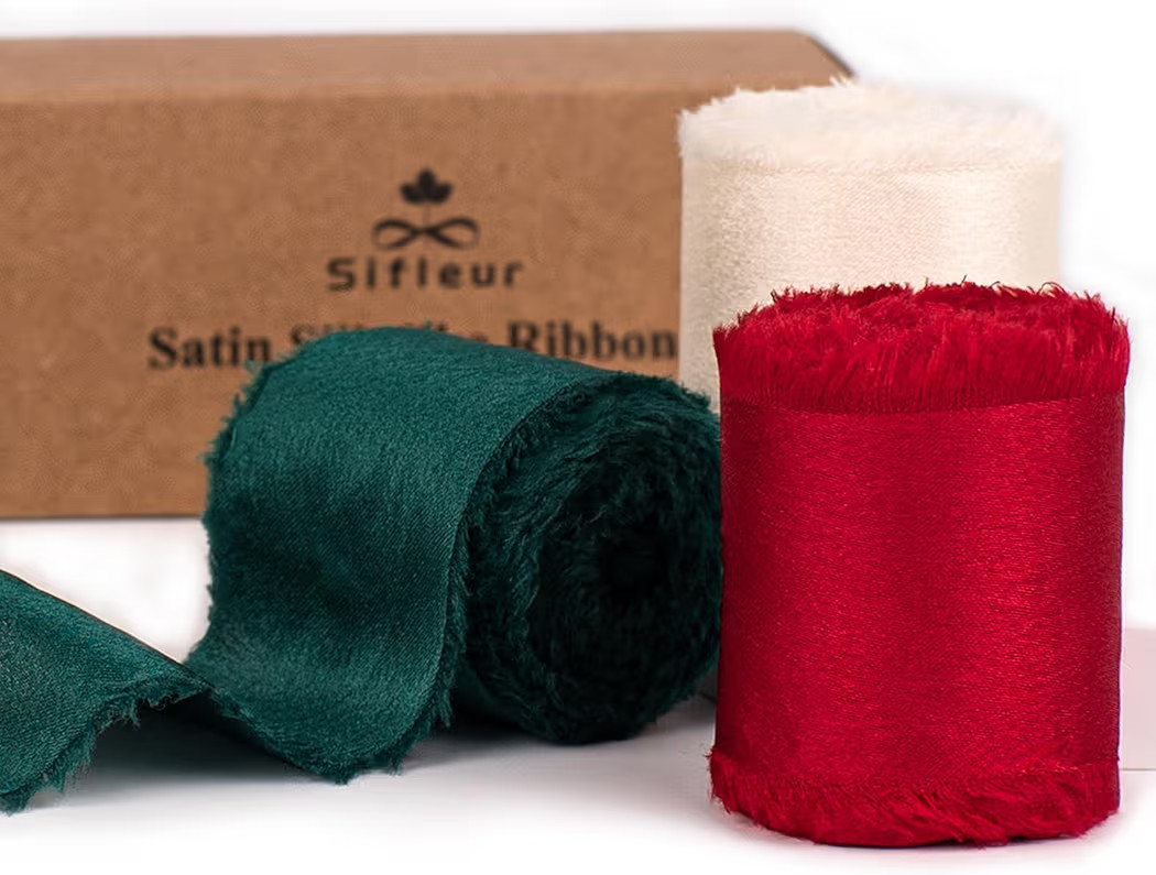 Christmas Ribbon, Red Green Ivory White Silk Satin Ribbon, 1-1/2 inch x 15 Yd Handmade Frayed Fringe Fabric Ribbon for Wrapping Xmas Tree Decor Crafts Bouquets Birthday Holiday Decor, 3 Rolls | Amazon (US)