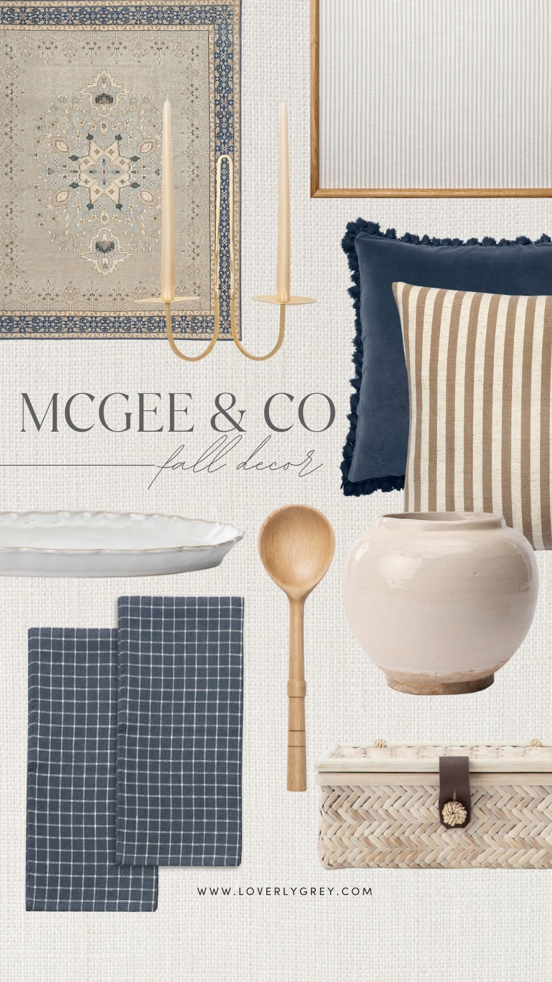 McGee & Co fall decor featuring vintage-inspired rugs, navy and neutral pillows, woven storage, pottery and warm wood accents. Cozy transitional home finds for refreshing your living room, kitchen or dining space for fall!

#LTKSeasonal #LTKHome