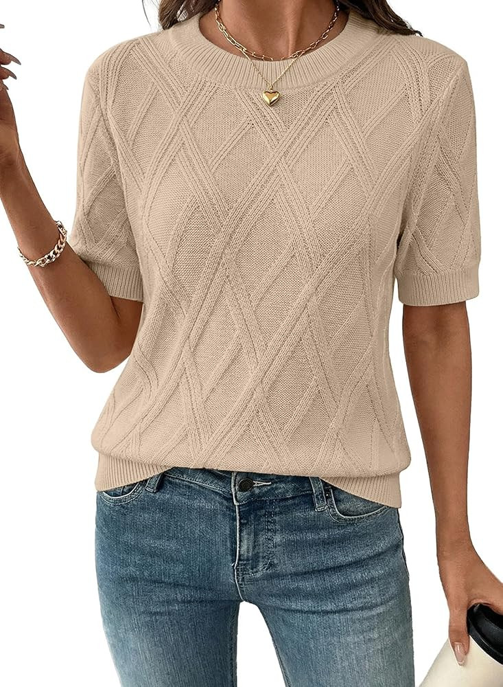 SHEWIN Womens Tops Crewneck Short Sleeve Sweater Cable Knit Business Casual Tops Fall Outfits for... | Amazon (US)