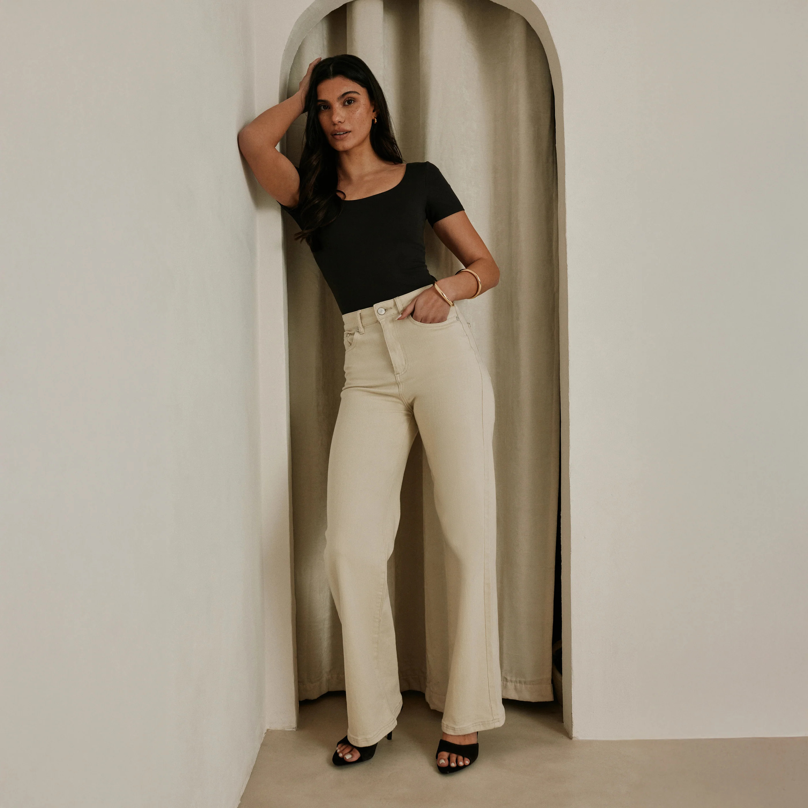 Stretch Wide Leg Jeans | Ecru | LOVALL