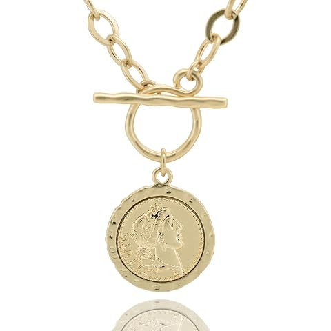 POMINA Chunky Gold Coin Necklace Trendy Fashion Statement Toggle Necklace Antique Gold Pendant Th... | Amazon (US)