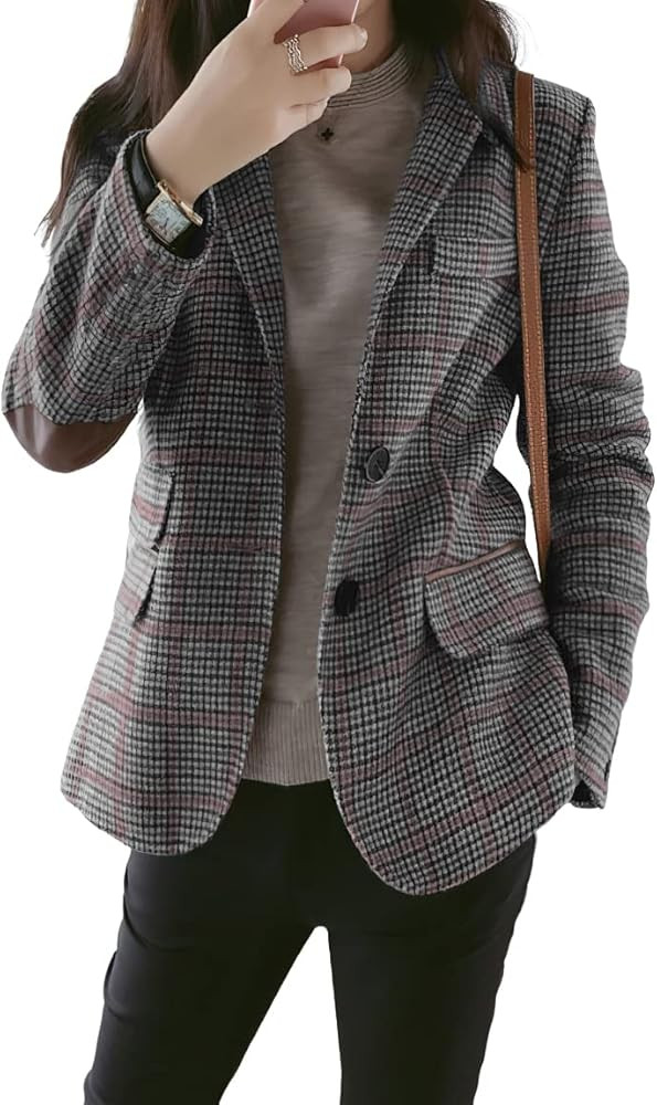 ebossy Womens Vintage Nothced Lapel Single Breasted Boyfriend Blazer Suits Houndstooth Plaid Jack... | Amazon (US)