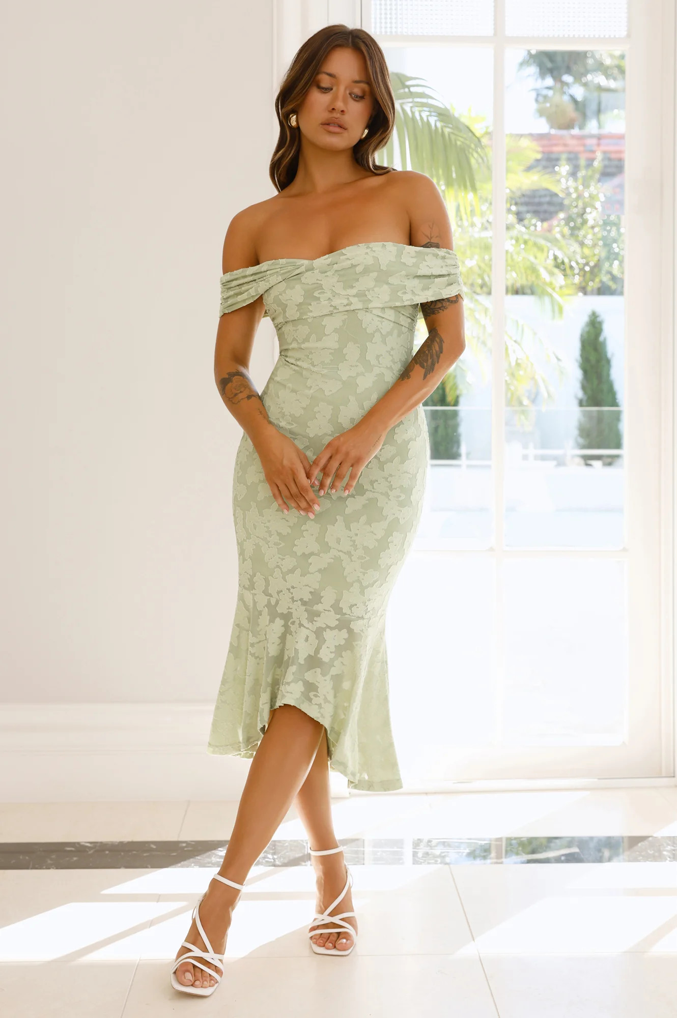 Botanical Embrace Off Shoulder Midi Dress Sage | Hello Molly (US)
