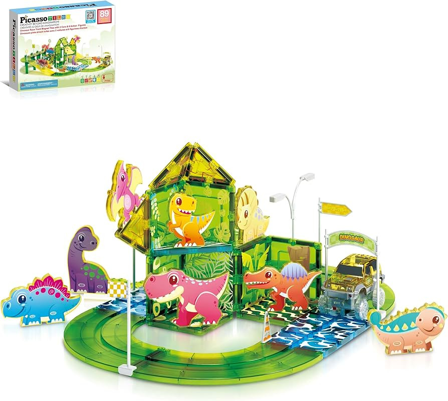 PicassoTiles Dinosaur Magnet Tile Race Car Track with 8 Magnetized Action Figures 2 Cars Accessor... | Amazon (US)