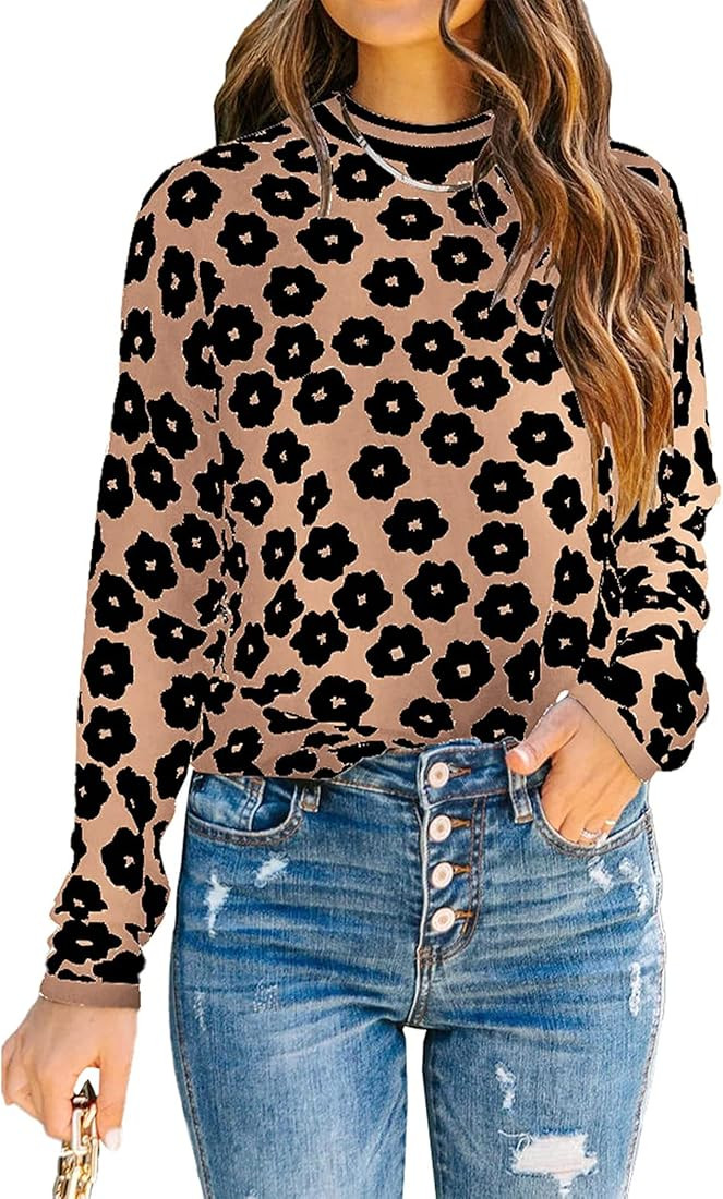 PRETTYGARDEN Women's Knit Sweater Casual Crewneck Long Sleeve Floral Print Lightweight Pullover S... | Amazon (US)