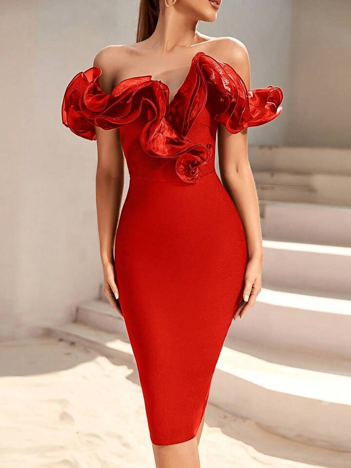 ADYCE Off Shoulder Exaggerated Ruffle Trim Bodycon Dress | SHEIN