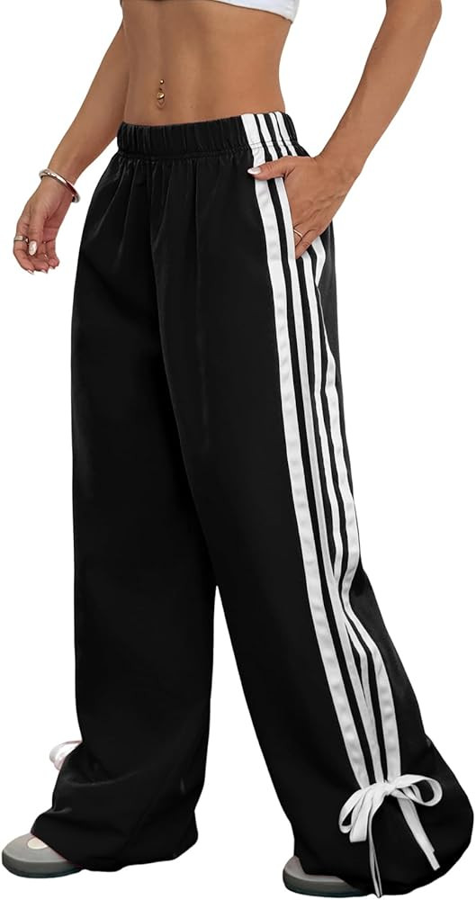 ZAFUL Womens Side Striped Pant Baggy Wide Leg Sweatpants Elastic Waisted Contrast Stripes Loose F... | Amazon (US)