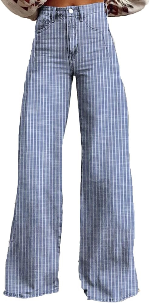 FZYLQY Women Y2K Striped Jeans High Waist Button Wide Leg Casual Denim Pants Bootcut Flare Boyfri... | Amazon (US)