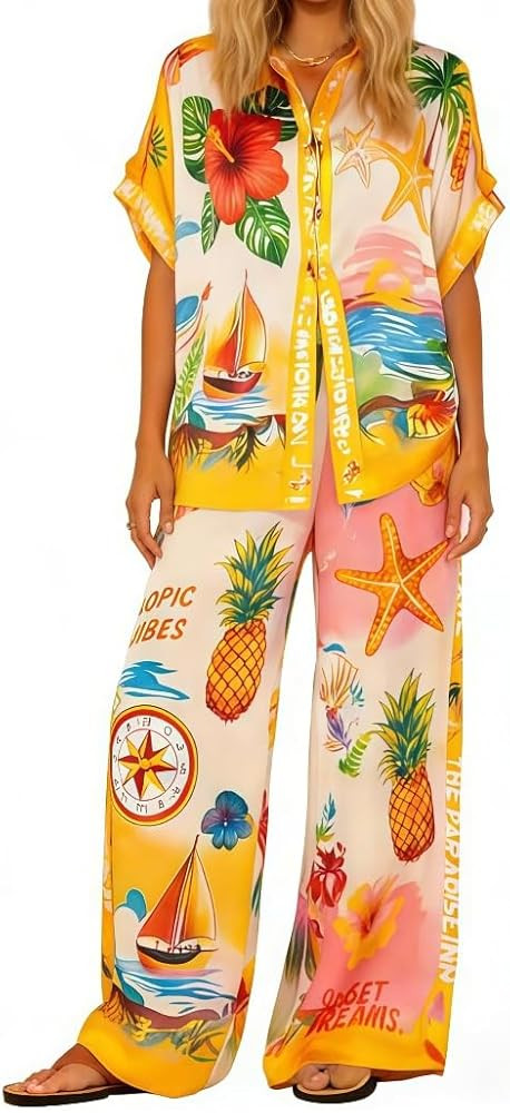 Women's Summer Print Two Piece Pajama Set Short Sleeve Outfits Button Down Tops Drawstring Long P... | Amazon (US)