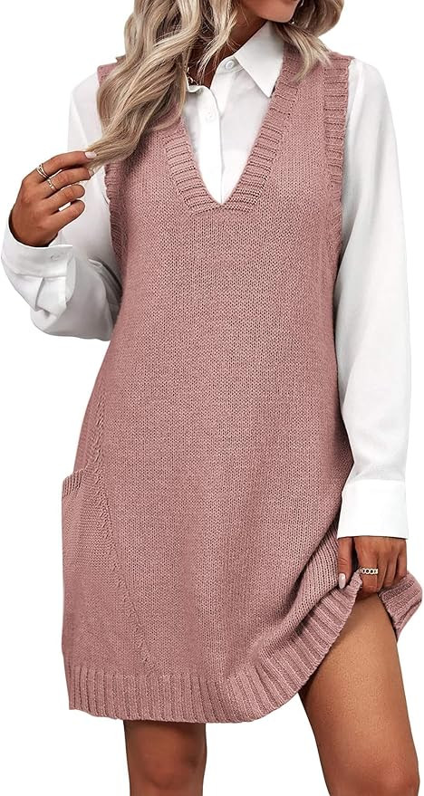 Zeagoo Womens Sweater Vest Dress Pattern Knitted Pullovers Sweaters V Neck Tank Sweater Dress wit... | Amazon (US)