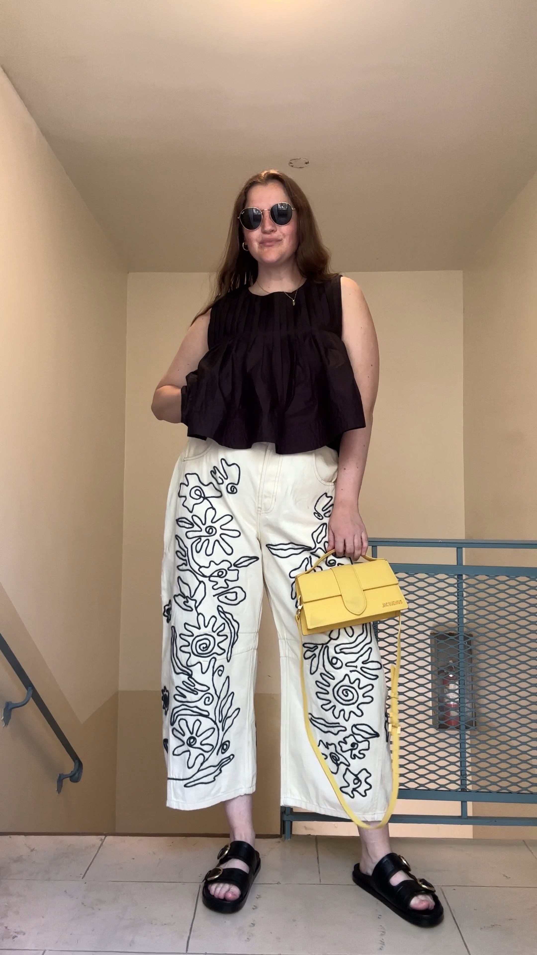 We The Free Good Luck Soutache Barrel Jeans, white and black, spring / summer, free people, anthropologie Mare Mare x Anthropologie Pleated Structured Swing Tank, black blouse / top, Sezane Lenny low mules, black sandals, spring shoes, comfy shoes, casual shoes, Birkenstock inspired, travel shoes, rayban round sunglasses, gold jewelry from Amazon (hoop earrings, rings), Jacquemus Le Grand Bambino crossbody bag, yellow designer purse

#LTKStyleTip #LTKFindsUnder100 #LTKFindsUnder50