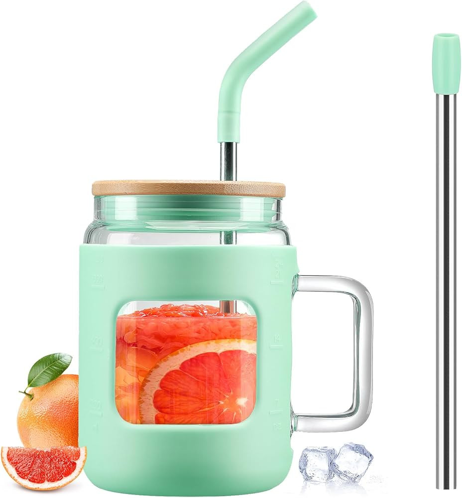 WINSA 24 oz Glass Water Bottles with Time Marker,Glass Tumbler with Bamboo Lid and Straw,Iced Cof... | Amazon (US)