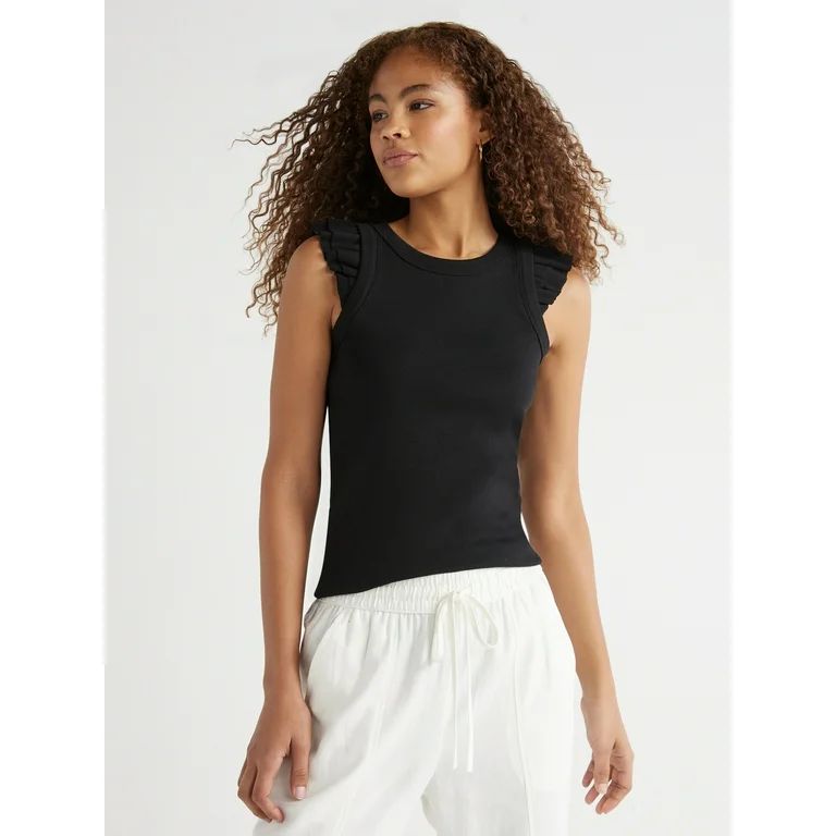 Free Assembly Women’s Ribbed Tank Top with Ruffle Sleeves, Sizes XS-XXL | Walmart (US)