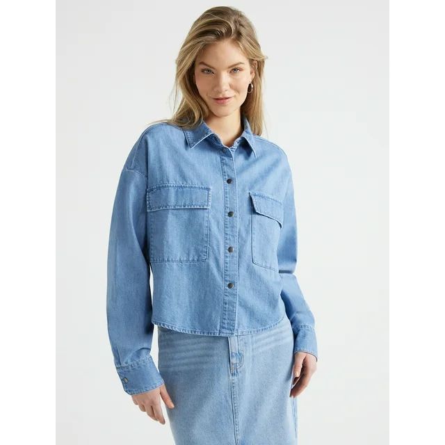 Scoop Women’s Denim Crop Shirt, Sizes XS-XXL | Walmart (US)