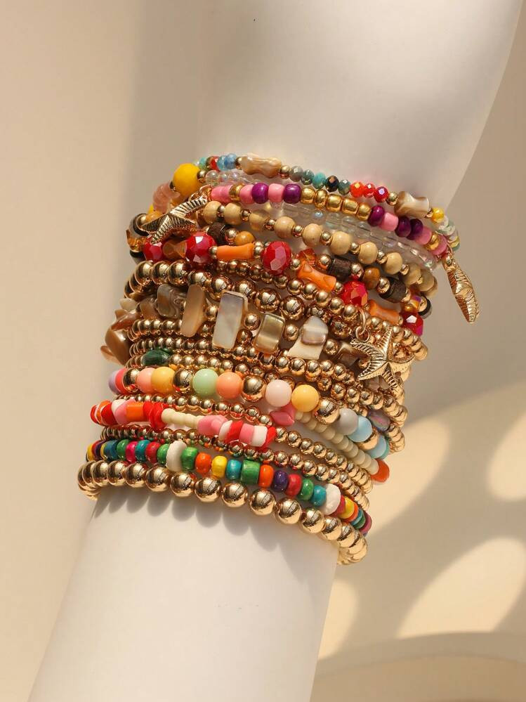 18pcs/Set Handmade Beaded Bohemian Style Fashion Personalized Stacked Colorful Bracelet Set, Suit... | SHEIN