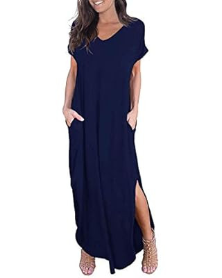GRECERELLE Women's Casual Loose Pocket Long Dress Short Sleeve Split Maxi Dresses | Amazon (US)