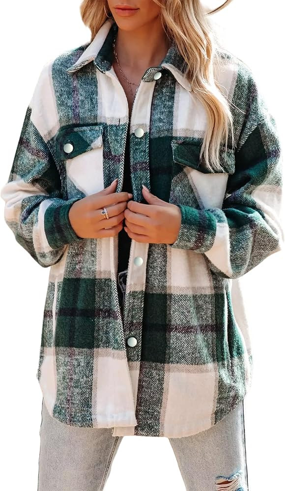 Oyamiki Women's Long Sleeve Flannel Plaid Wool Blend Coats Button Down Shirt Jacket Shackets | Amazon (CA)