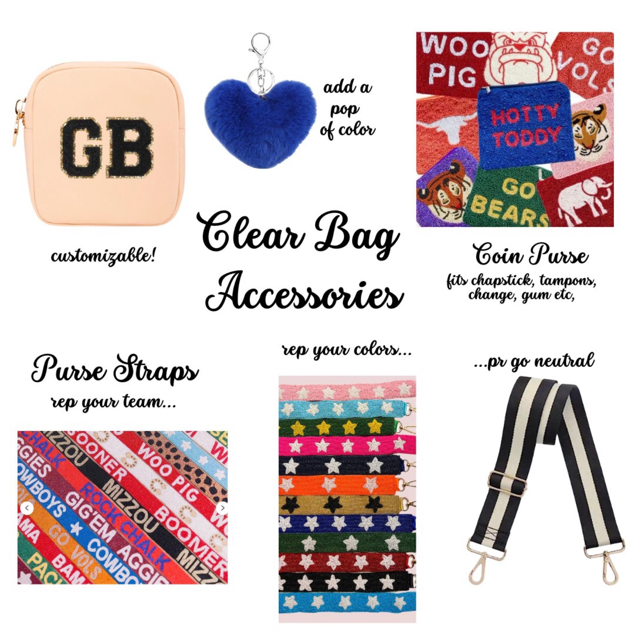 The perfect way to jazz up your clear bags - add some flare with removable purse straps, beaded coin purses, personalized pouches or team colored puffs. 

#LTKstyletip #LTKunder50 #LTKBacktoSchool