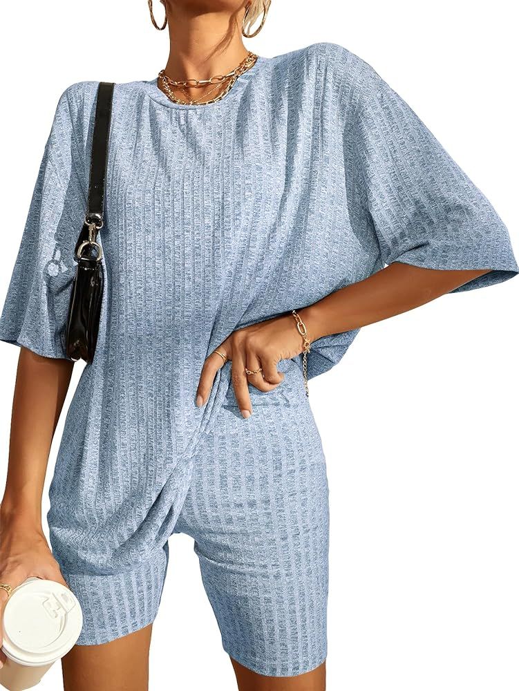 WDIRARA Women's 2 Piece Outfits Ribbed Short Sleeve Drop Shoulder Tee And Shorts Set | Amazon (US)