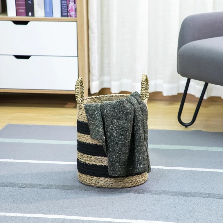 BHG 11" Black & Natural Striped Rush Basket with Handles | Walmart (US)