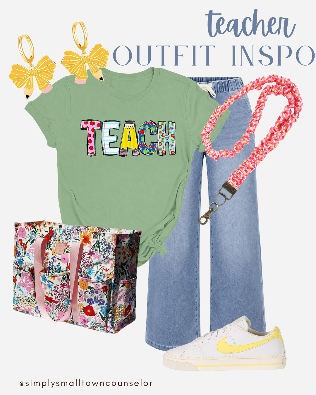 Teacher Outfit Inspo 🍎✏️ This colorful graphic tee paired with comfy wide-leg jeans and cheerful accessories makes such a fun, casual look for the classroom! I especially love that floral teacher tote! 🌼
 

 #LTKWorkwear