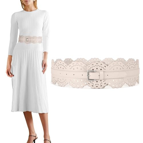 XZQTIVE Women Wide Belt For Dresses Vintage Chunky Belts Thick Leather Waist Belt With Prong Buckle, Silver Beige(Fit Waist 26-30 in) | Amazon (US)