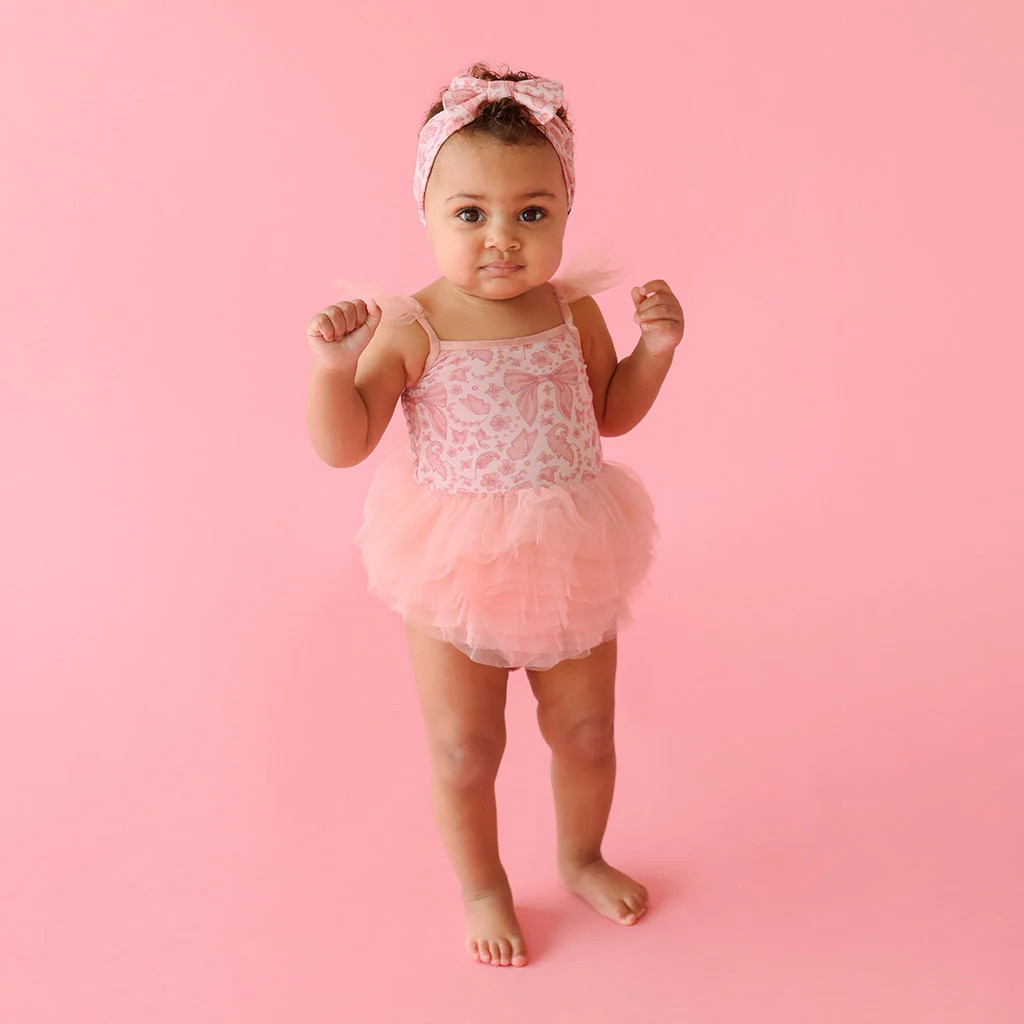 Floral Ribbons Pink Spaghetti Strap Baby Tulle Bodysuit | Adelaide | Posh Peanut