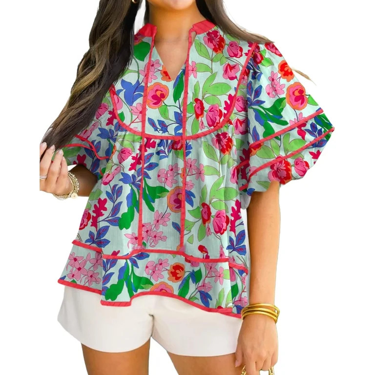 Short Sleeve Women Floral Print Casual Loose Blouse V Neck Flowy Tops | Walmart (US)