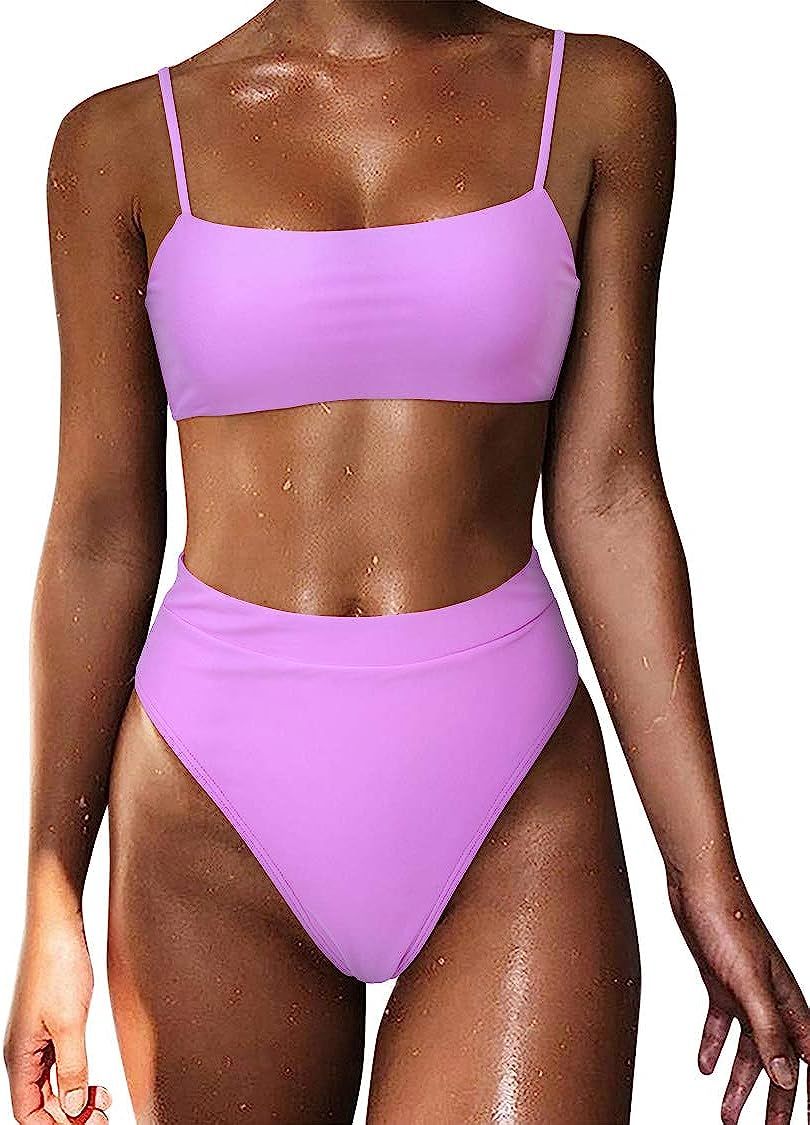 MOSHENGQI Women High Wasited Bikini Shoulder Strap 2 Piece High Cut String Swimsuits | Amazon (US)