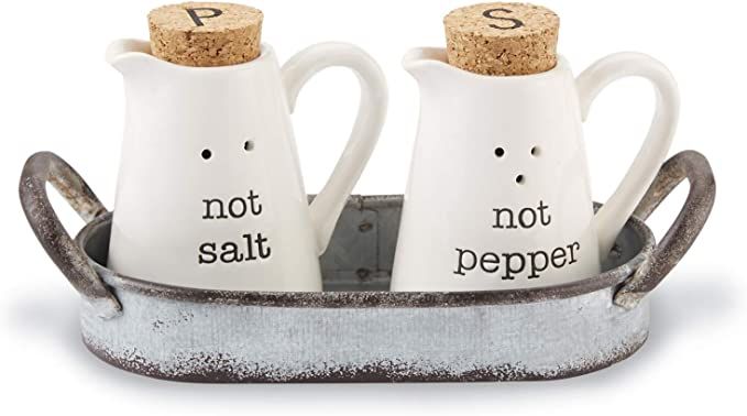 Mud Pie Farmhouse Inspired Ceramic Aluminum Salt and Pepper Caddy Set, One size, White | Amazon (US)