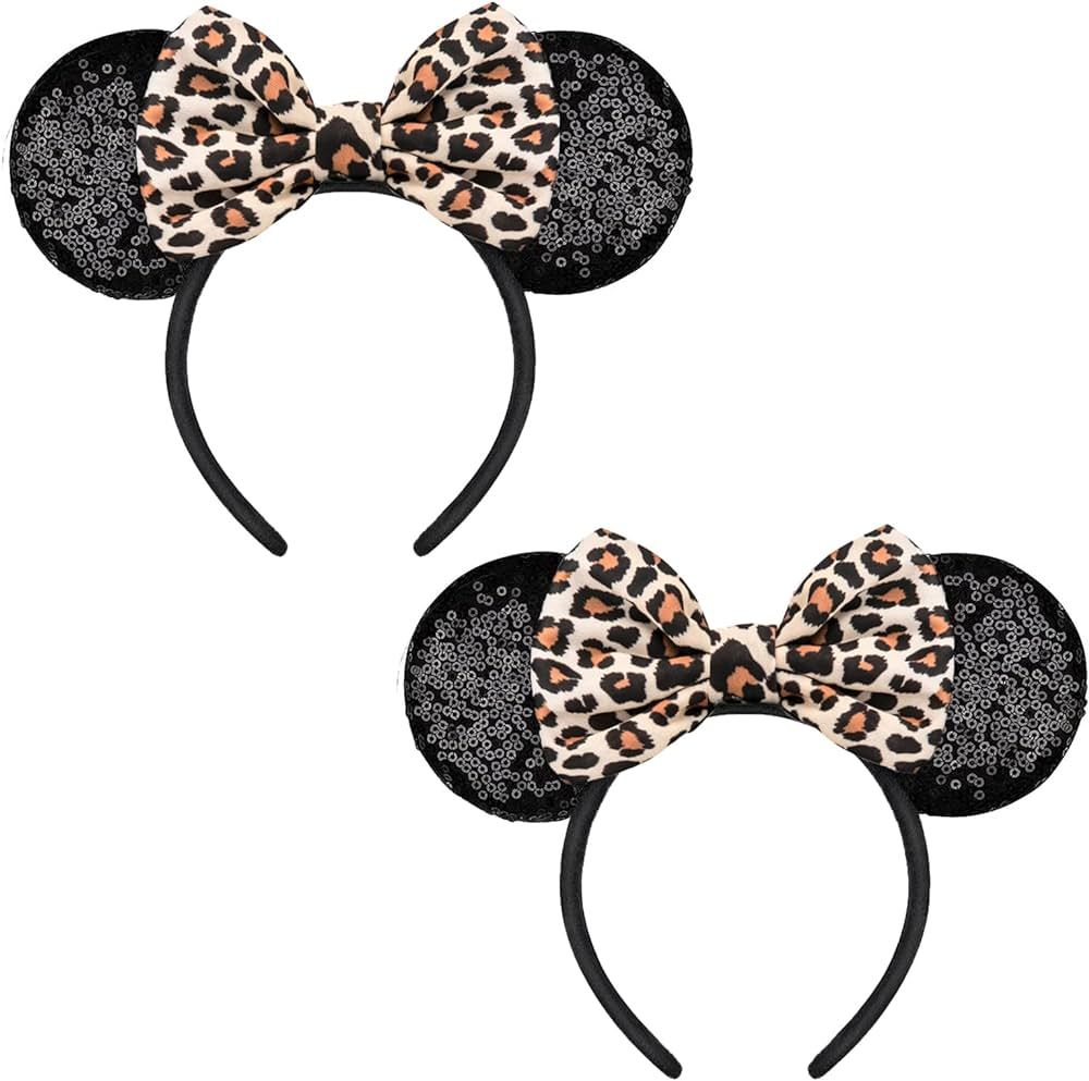 2 PCS Mouse Ears, Shiny Sequin Bow Leopard Mouse Ears Headbands for Adult Women Girls Christmas B... | Amazon (US)