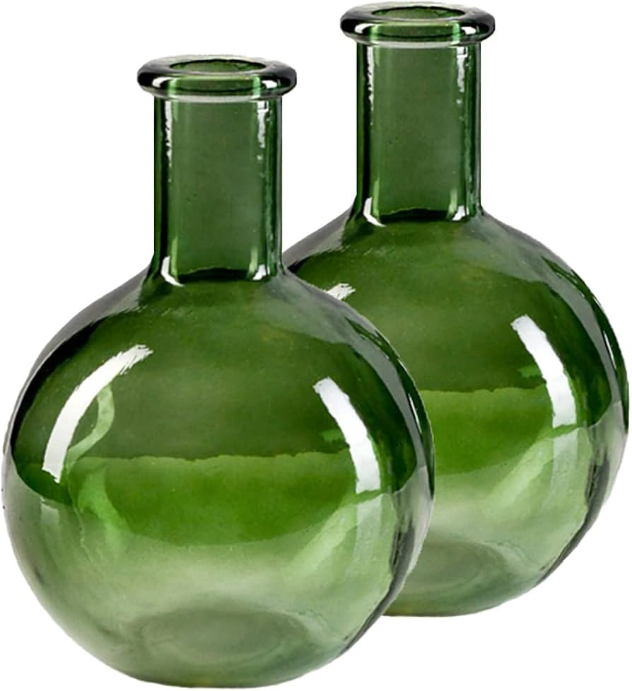 Serene Spaces Living Set of 2 Green Bottleneck Bulb Glass Vase, Vintage Round Flower Vase for Con... | Amazon (US)