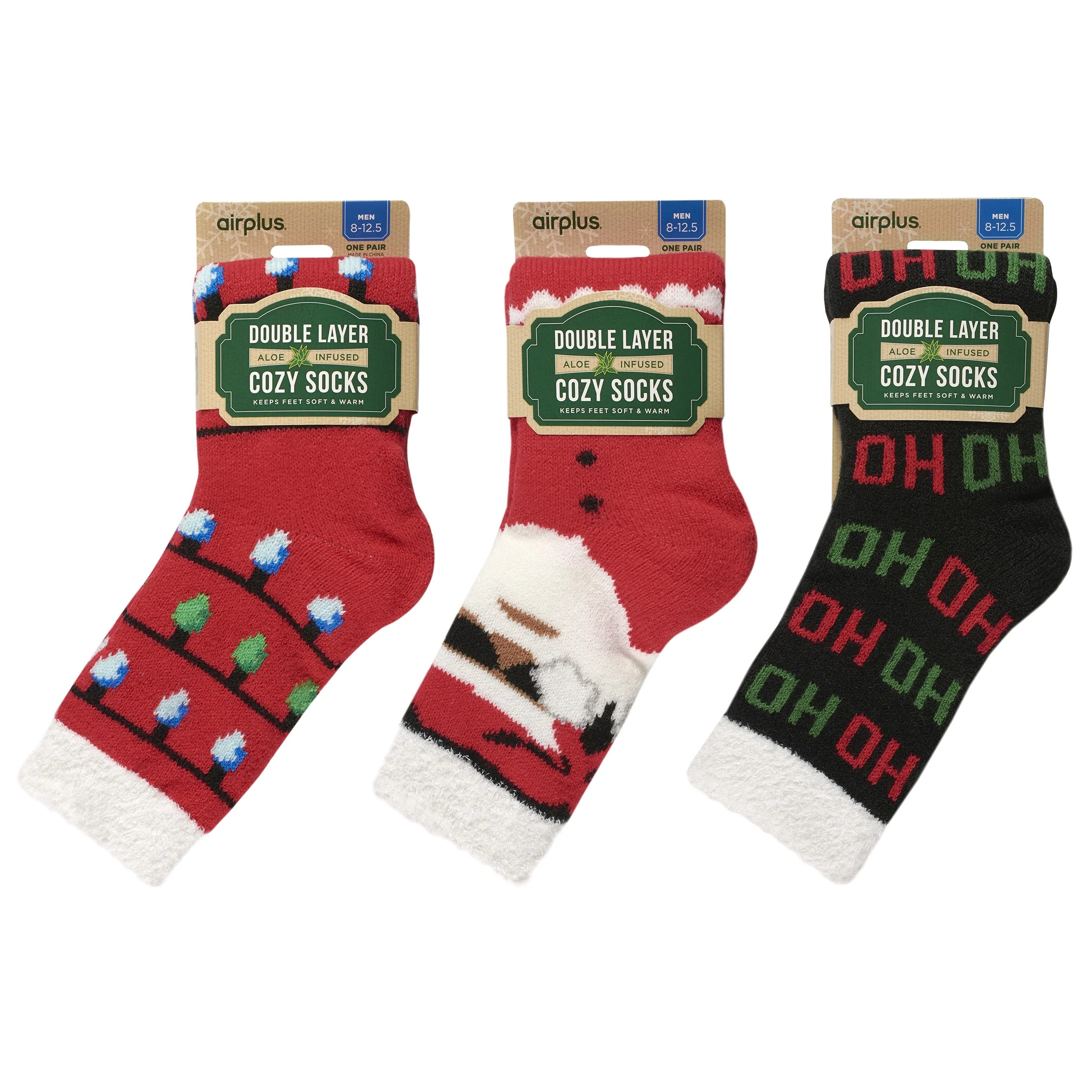 Airplus Dual Layer Holiday  Men's Large Crew Socks, 3 Pack Assorted Santa, Lights, Ho Ho Ho, Fits... | Walmart (US)