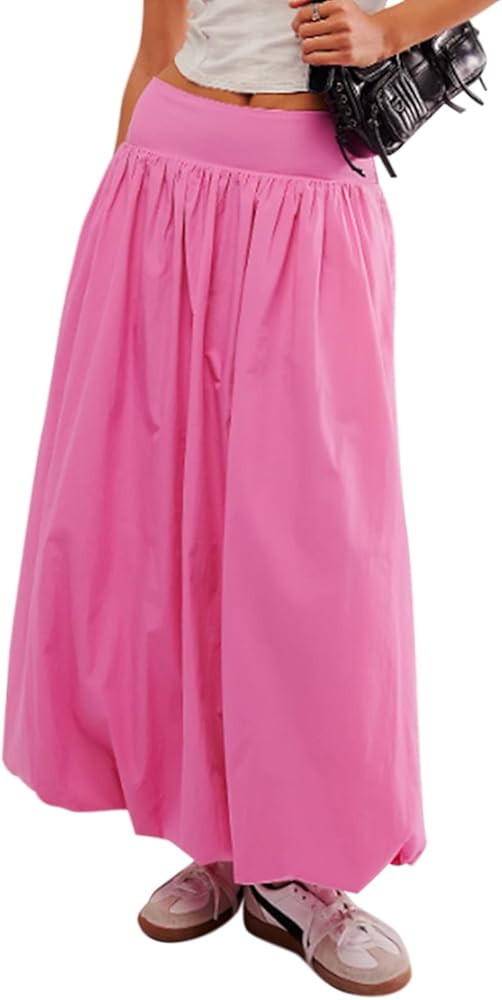 Women Y2k Bubble Maxi Skirt Summer Elastic Low Waist A Line Long Skirt Casual Fairy Ruffle Pleate... | Amazon (US)