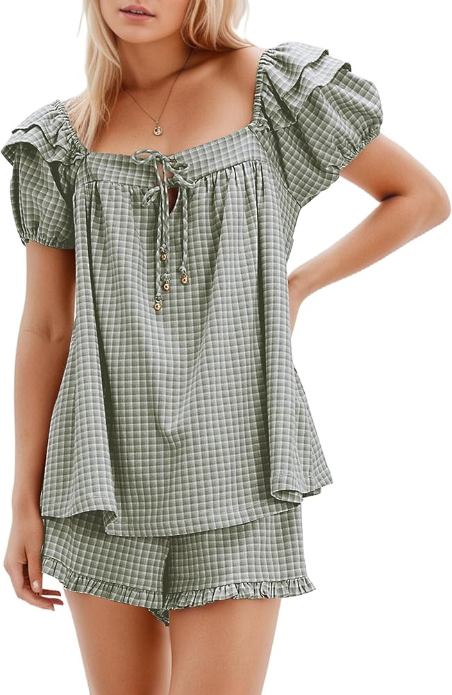 Womens 2 Piece Gingham Sets Tie Front Puff Ruffle Sleeve Square Neck Babydoll Shirt Plaid Shorts ... | Amazon (US)