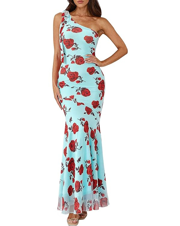 PRETTYGARDEN Womens Summer One Shoulder Maxi Dress 2026 Floral Sleeveless Bodycon Mesh Long Forma... | Amazon (US)