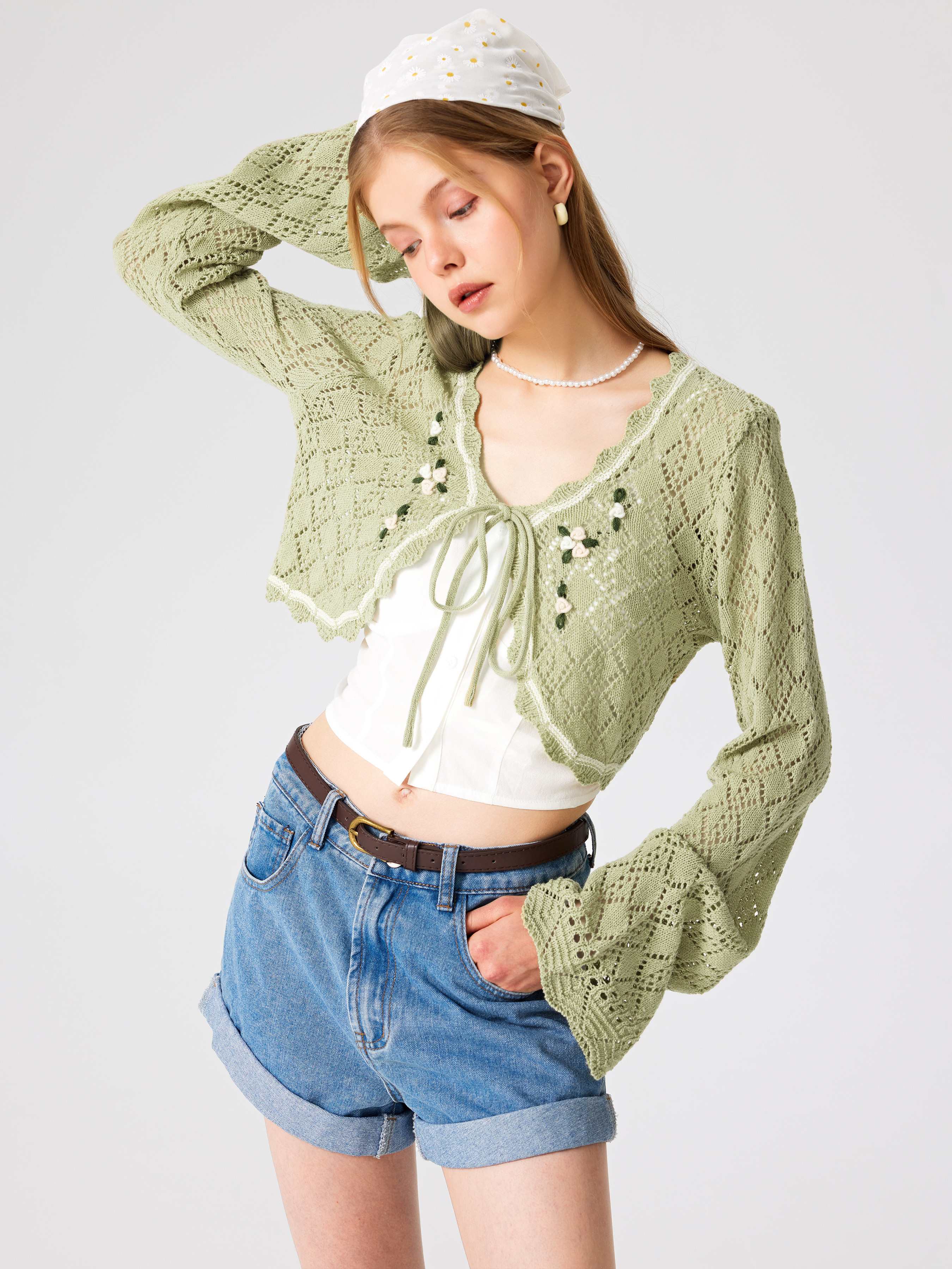 Floral Hollow Out Tie Up Knitted Cardigan - Cider | Cider