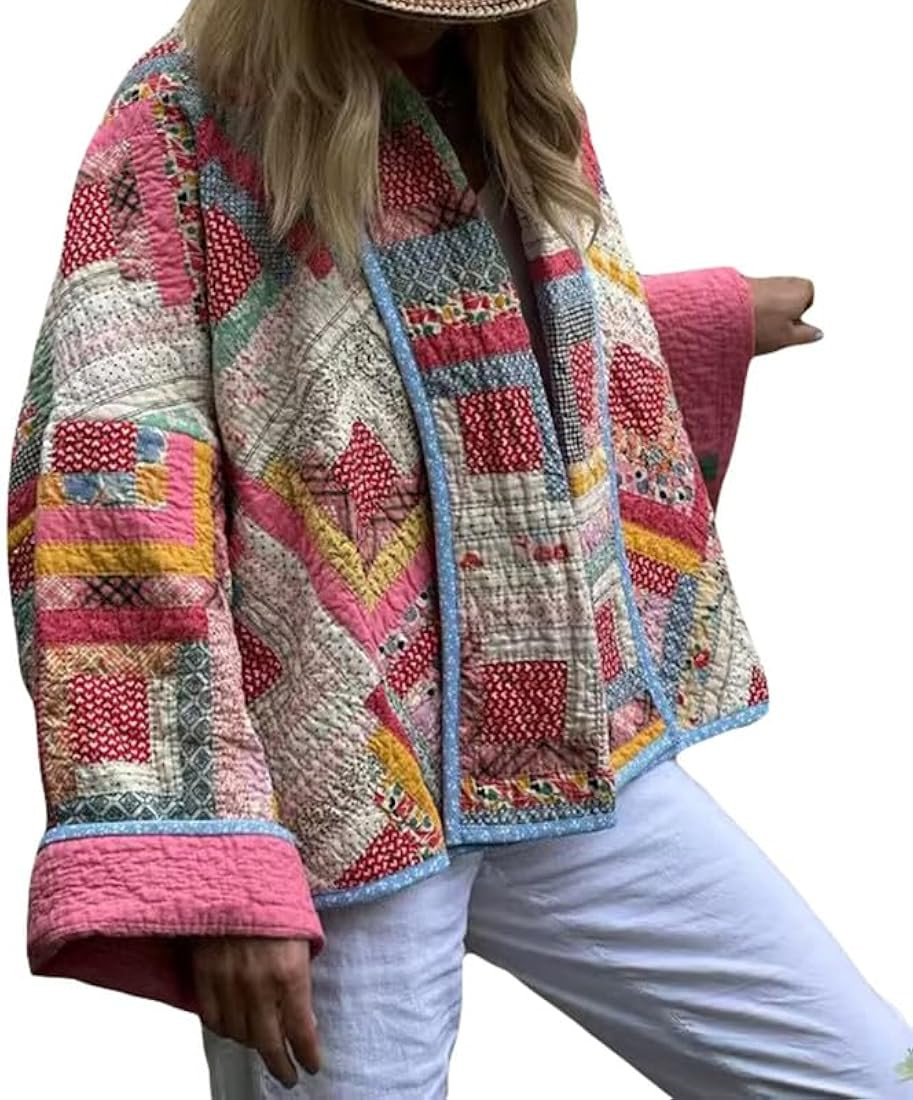 NUFIWI Women Floral Print Cropped Quilted Jacket Cardigan Vintage Open Front Padded Puffler Coat ... | Amazon (US)