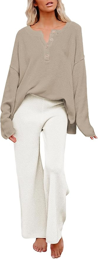 Pink Queen Women's 2 Piece Outfit Set Long Sleeve Button Knit Pullover Sweater Top and Wide Leg P... | Amazon (US)