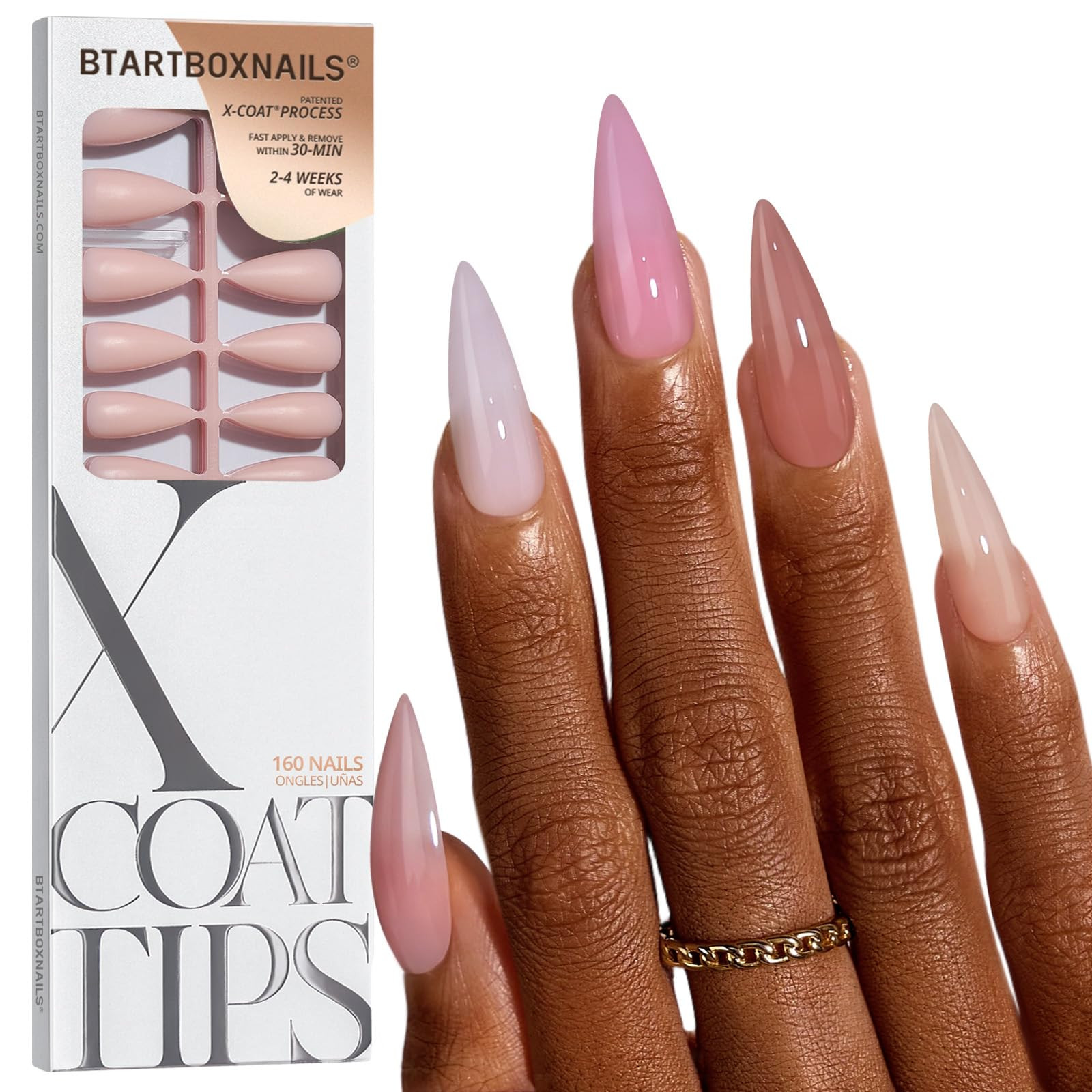 BTArtboxnails XCOATTIPS Bare 5-Shades Nude Press on Nails - 4-Week Wear Long Stiletto Press on Nails, Easy to Apply, Soak Off, Salon Quality Value at Home, 16 Sizes - 160 Fake Nails | Amazon (US)